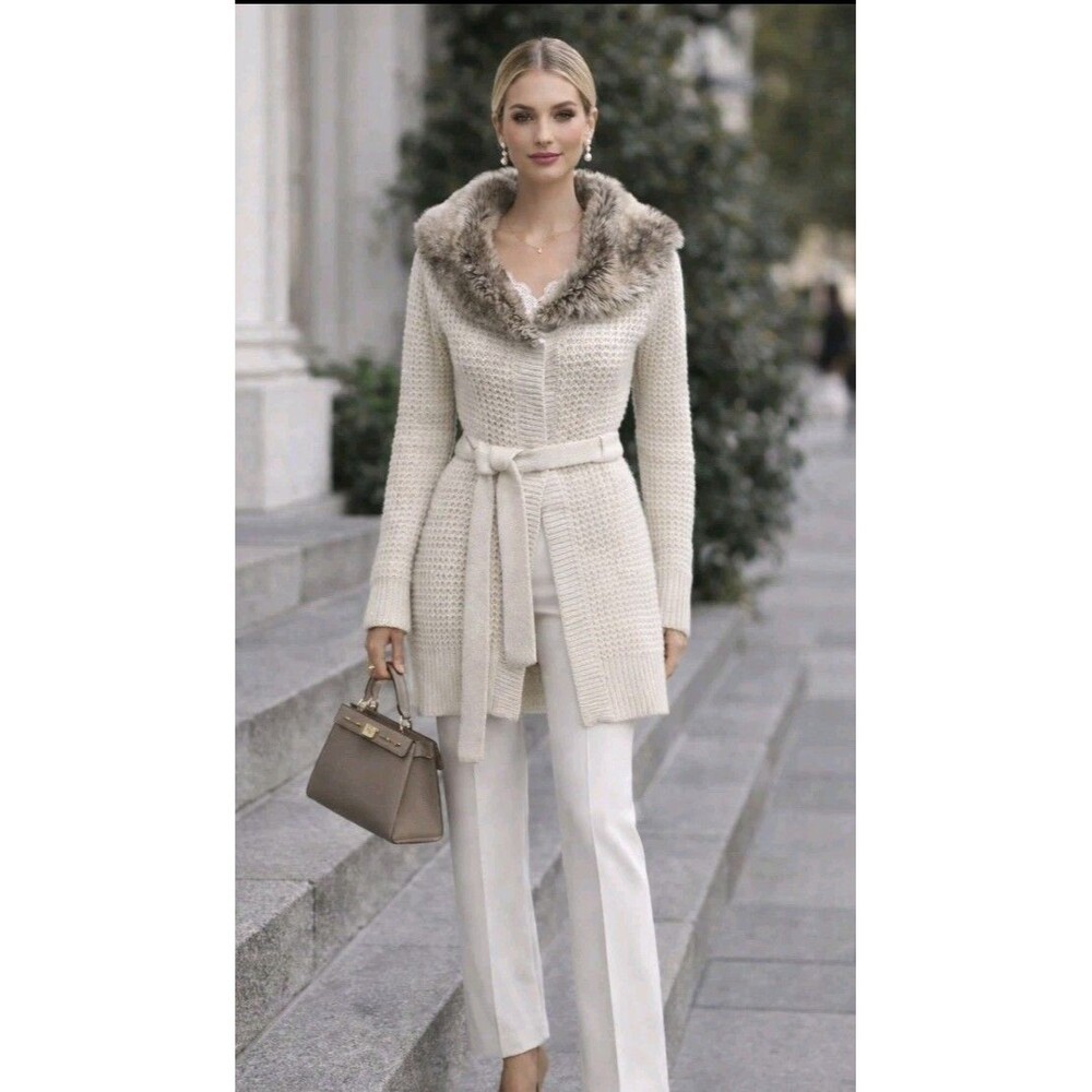 Vintage Y2K Say What Cream Medium Waffle Knit Long Sleeve Cardigan Sweater Fur